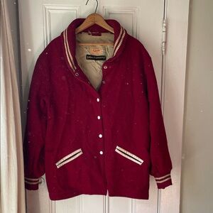 Vintage maroon and white shawl collared “long” letterman jacket
